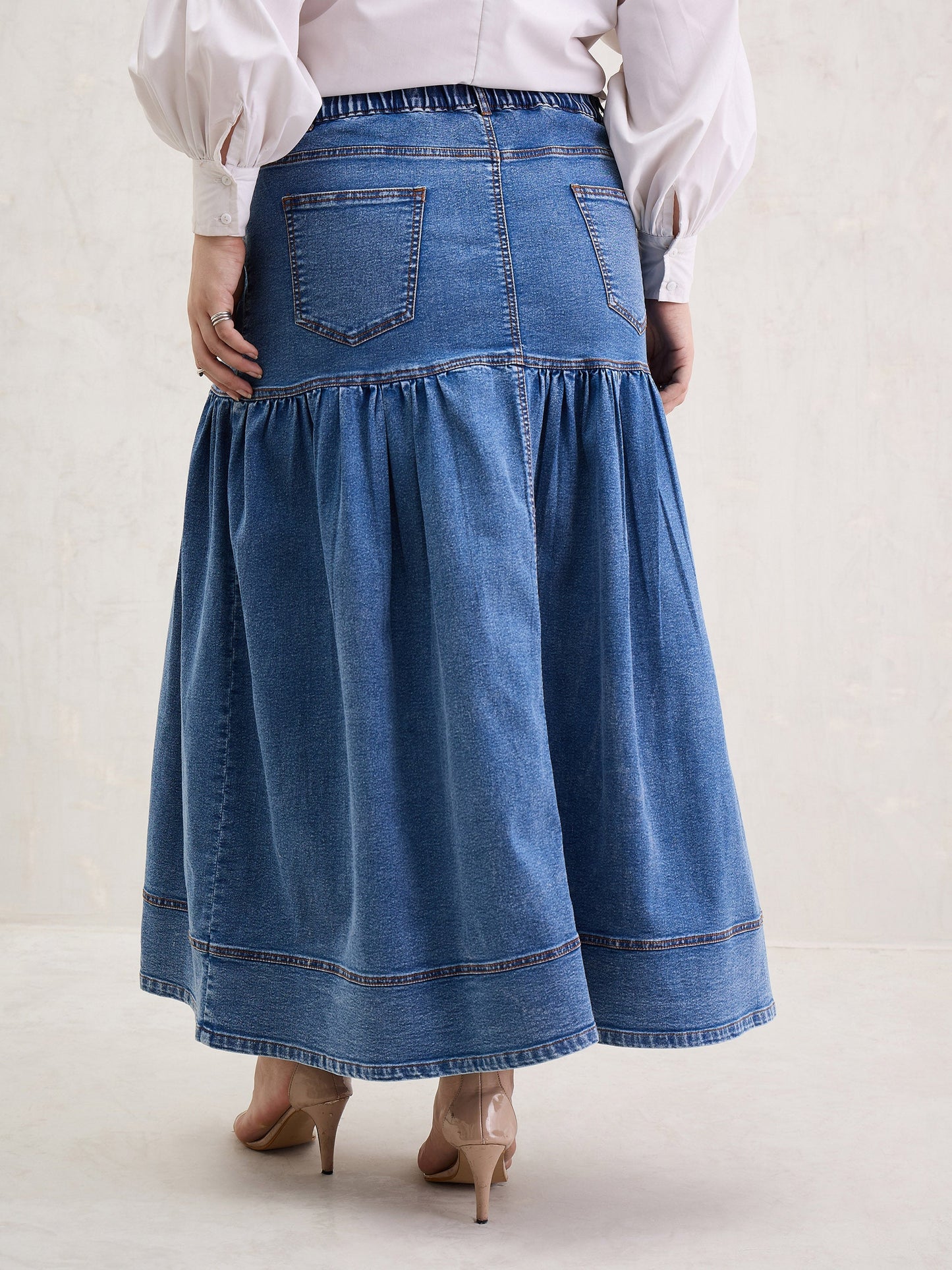 Ice Blue Denim Front Button Maxi Skirt