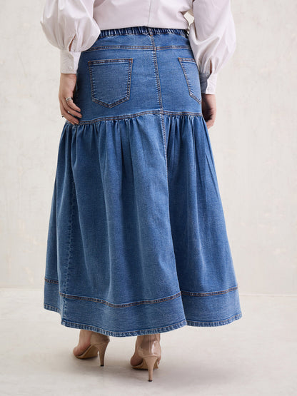 Ice Blue Denim Front Button Maxi Skirt