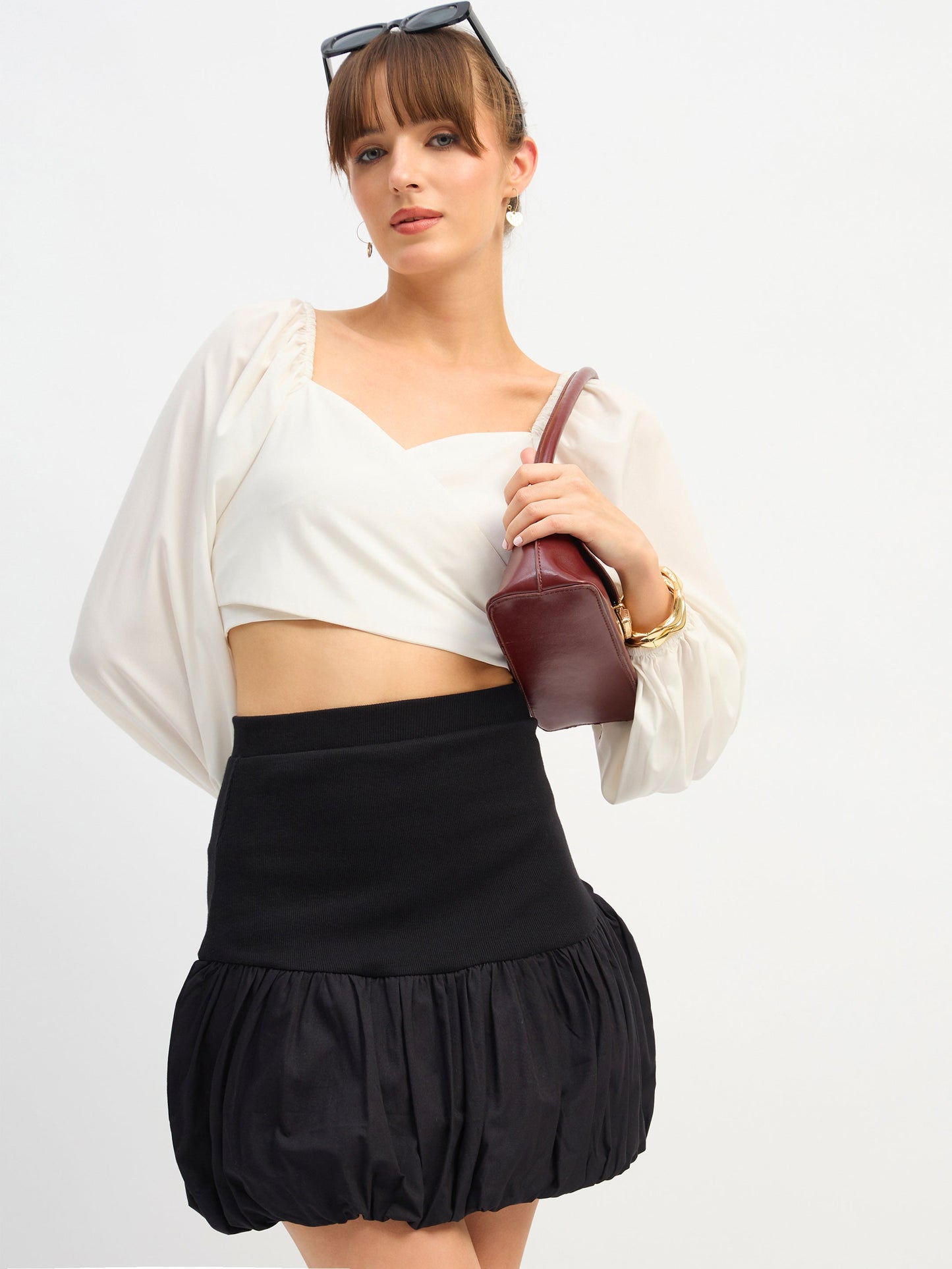 Women Black Rib Balloon Hem Mini Skirt