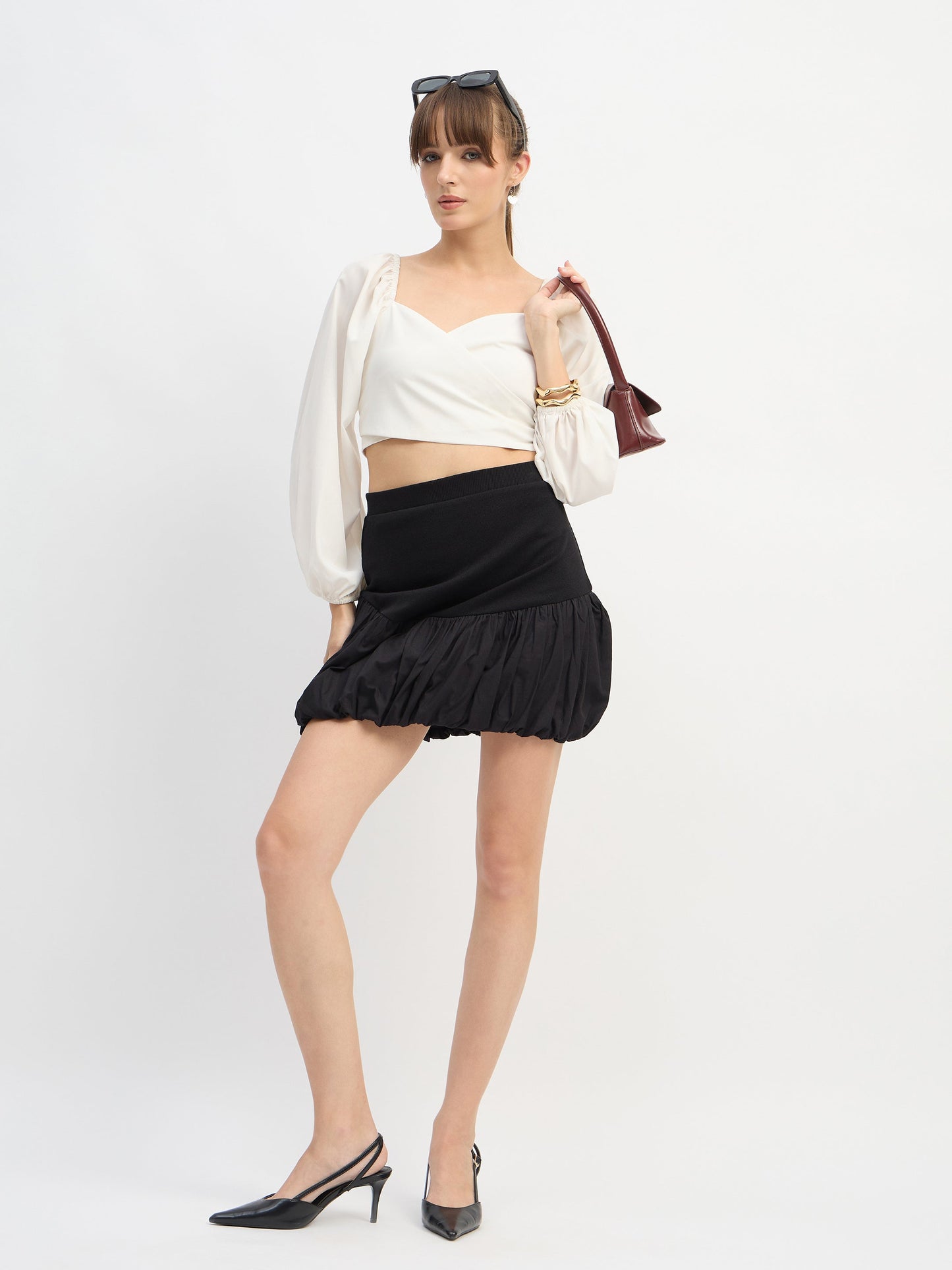 Women Black Rib Balloon Hem Mini Skirt