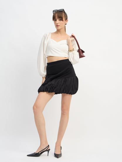 Women Black Rib Balloon Hem Mini Skirt