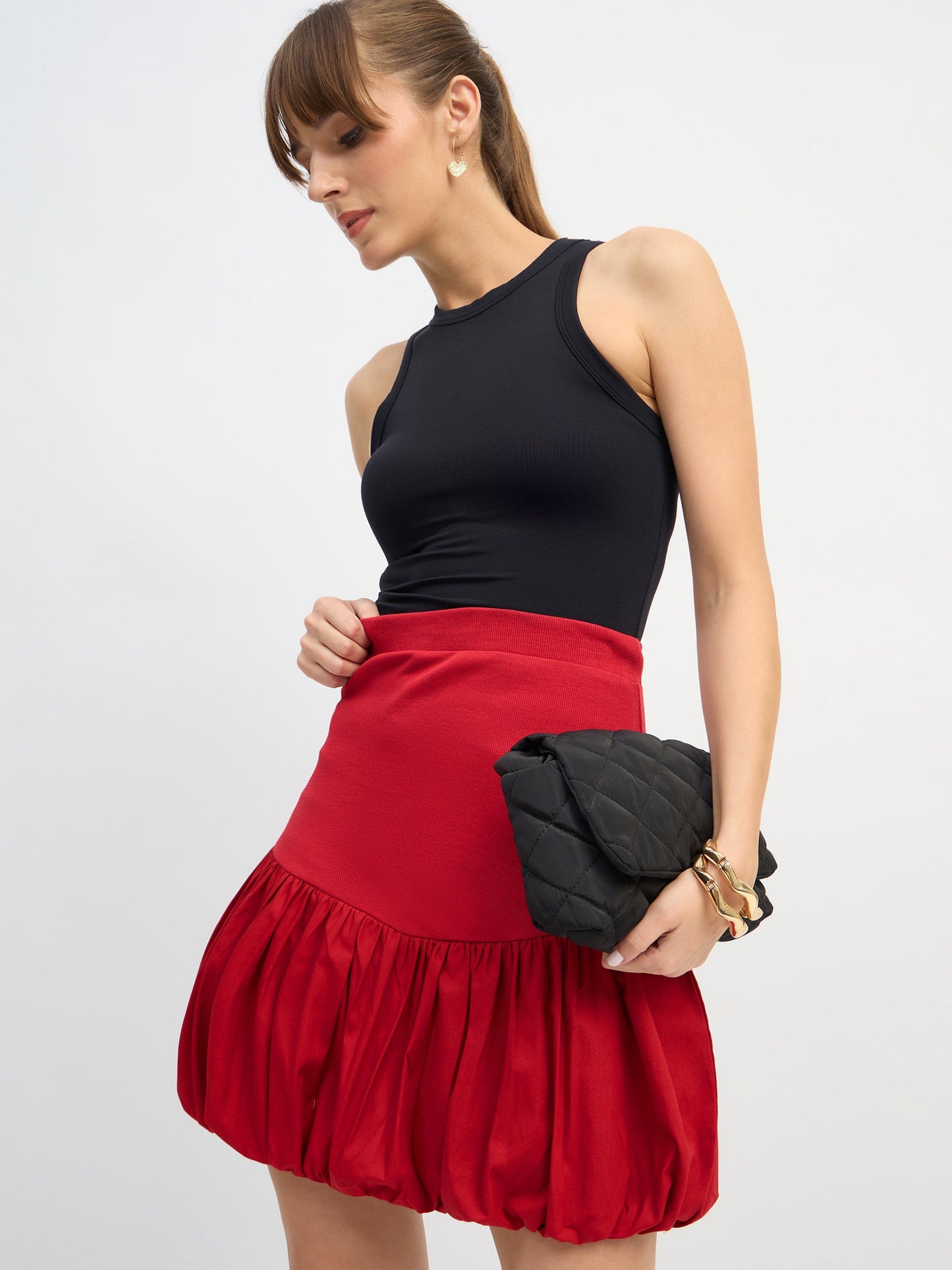 Women Red Rib Balloon Hem Mini Skirt