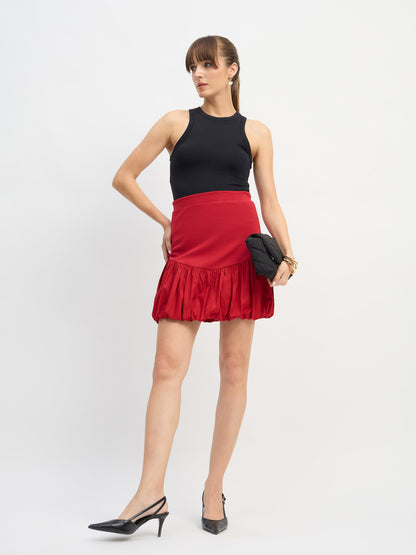 Women Red Rib Balloon Hem Mini Skirt
