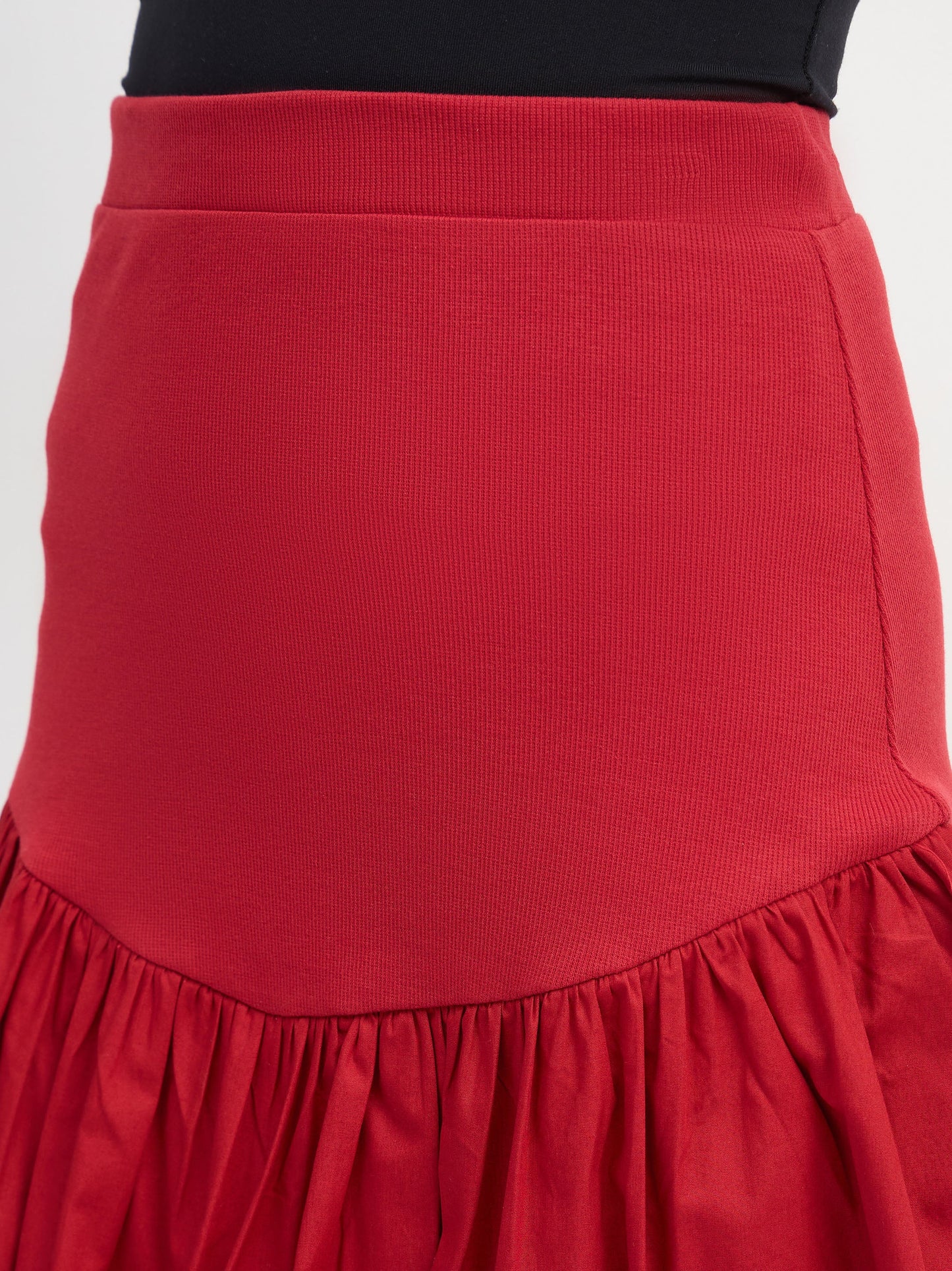 Women Red Rib Balloon Hem Mini Skirt