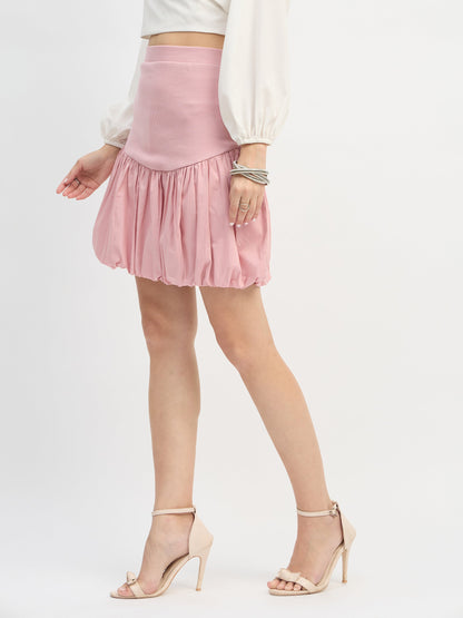 Women Pink Rib Balloon Hem Mini Skirt