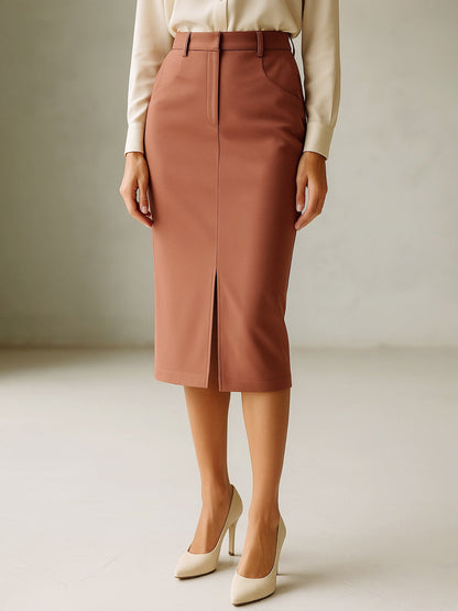 Rust Front Slit Midi Skirt