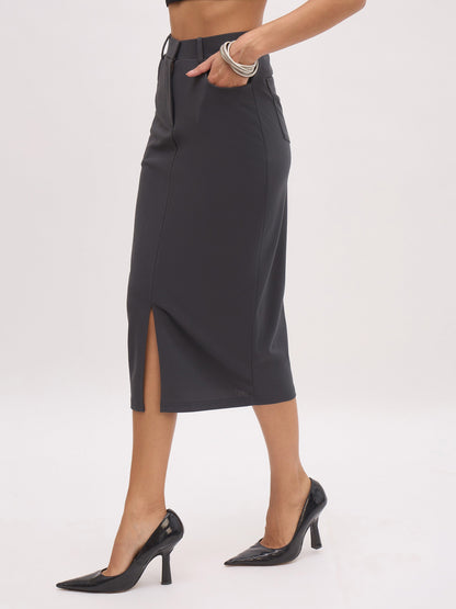 Women Dark Grey Front Slit Midi Skirt
