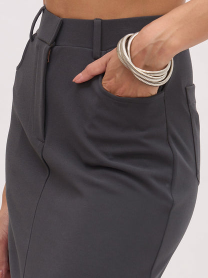 Women Dark Grey Front Slit Midi Skirt