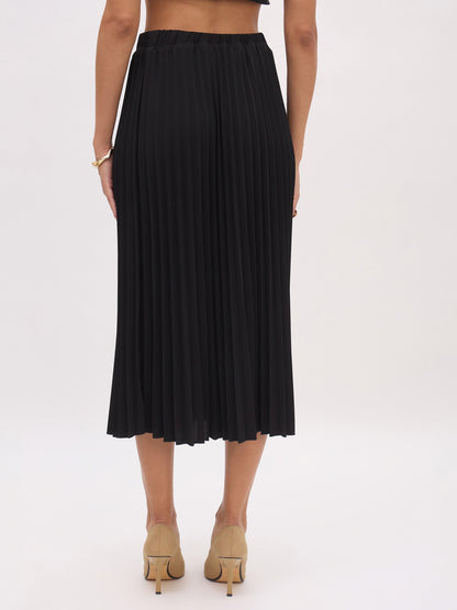 Women Black Elasticated Waist Pleated Midi Skirt