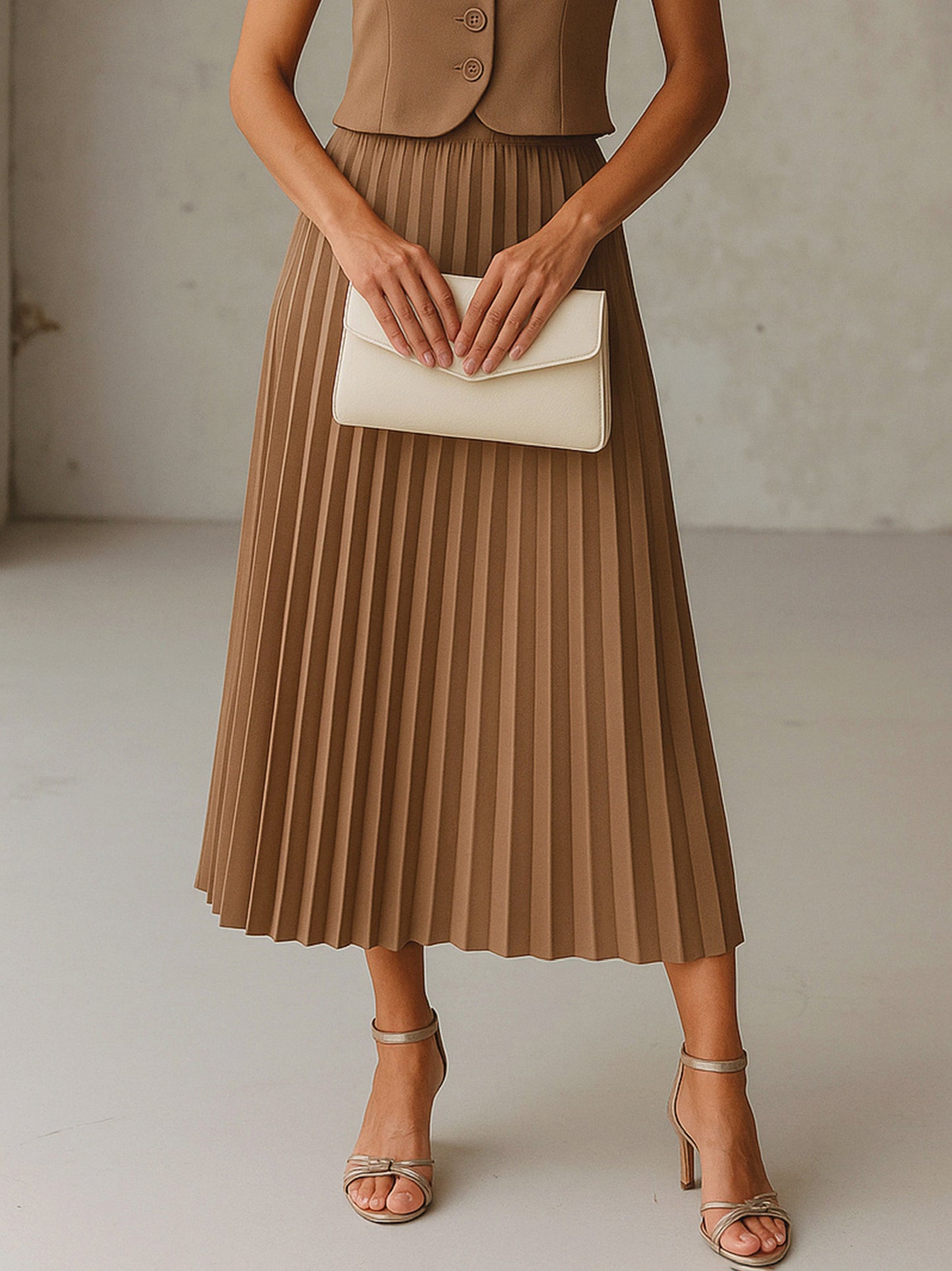 Dark Beige Elasticated Waist Pleated Midi Skirt