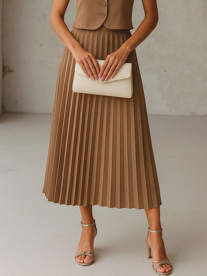 Dark Beige Elasticated Waist Pleated Midi Skirt