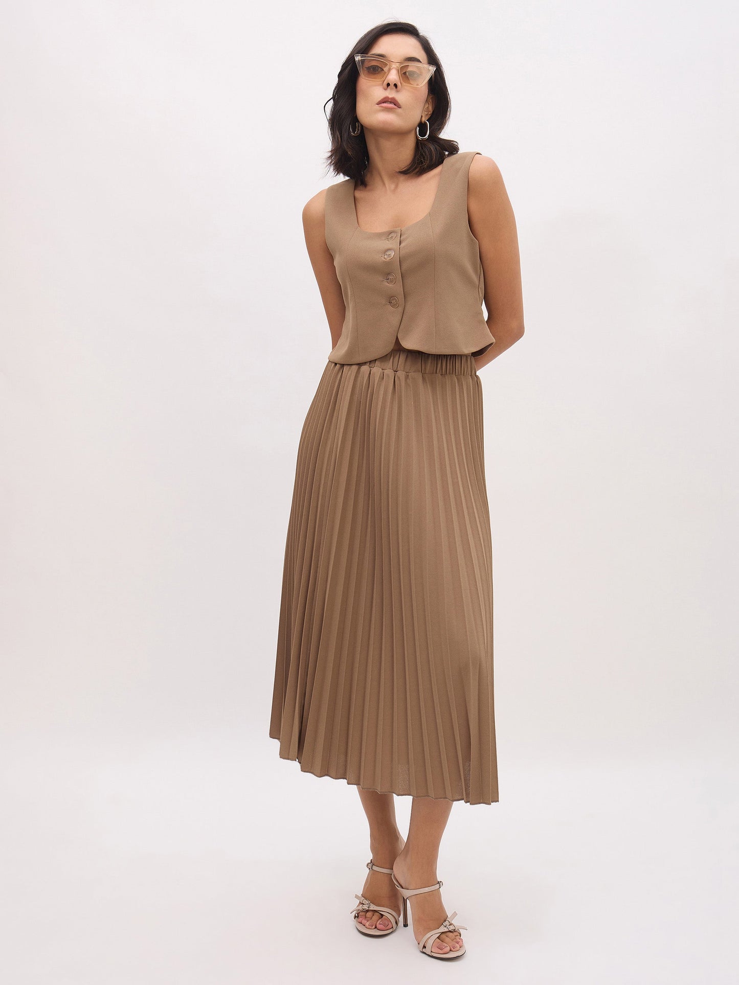 Dark Beige Elasticated Waist Pleated Midi Skirt