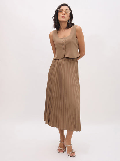 Dark Beige Elasticated Waist Pleated Midi Skirt