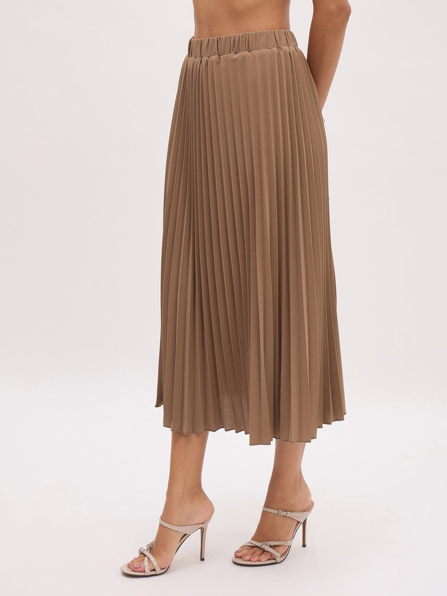 Dark Beige Elasticated Waist Pleated Midi Skirt