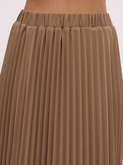 Dark Beige Elasticated Waist Pleated Midi Skirt