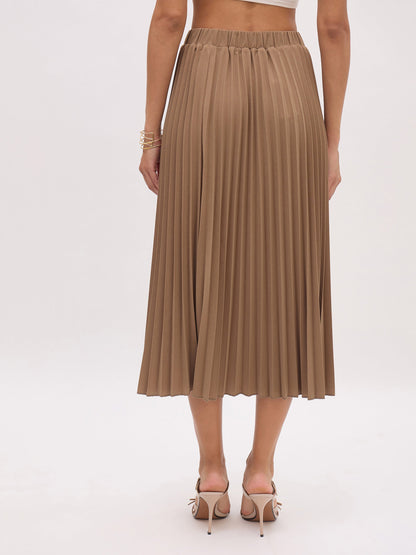 Dark Beige Elasticated Waist Pleated Midi Skirt