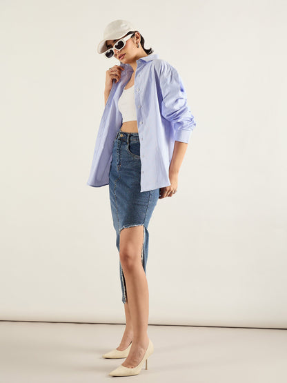 Blue Washed Front Slit Straight Fit Skirt