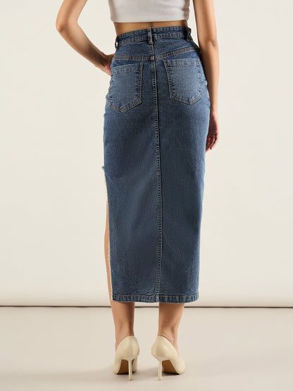 Blue Washed Front Slit Straight Fit Skirt