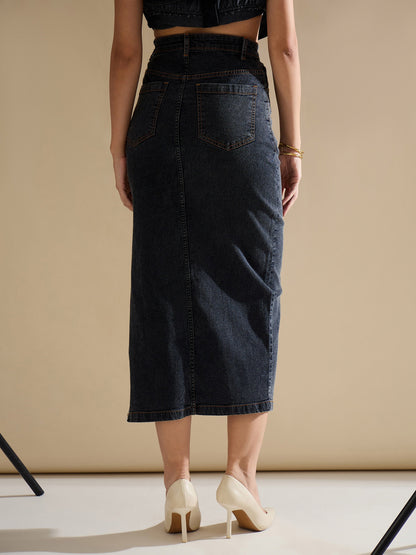 Black Washed Front Slit Straight Fit Skirt