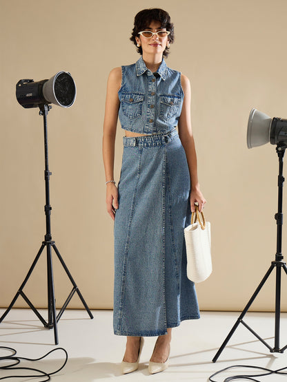 Women Blue Blast Side Pocket Midi Wrap Skirt