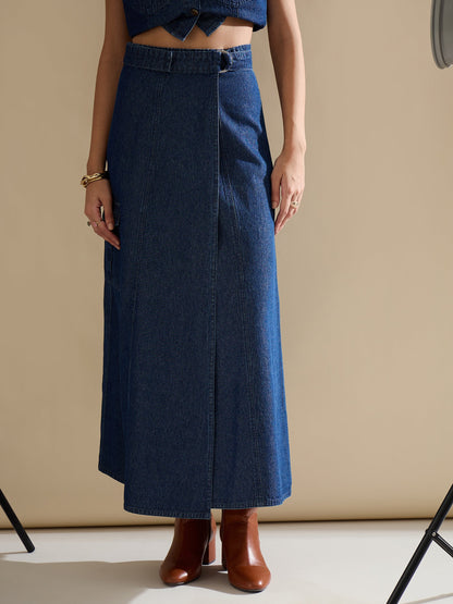 Women Navy Washed Side Pocket Midi Wrap Skirt