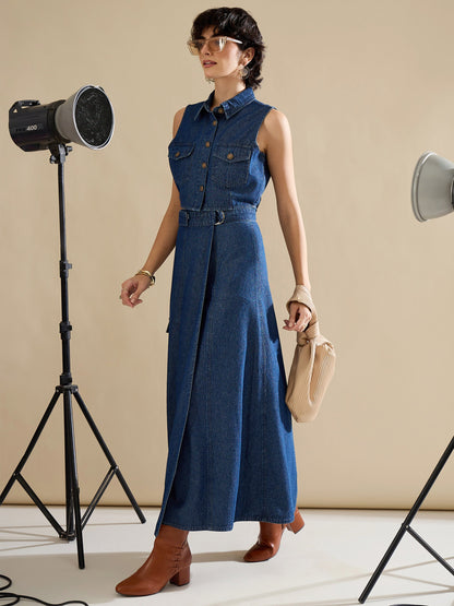 Women Navy Washed Side Pocket Midi Wrap Skirt