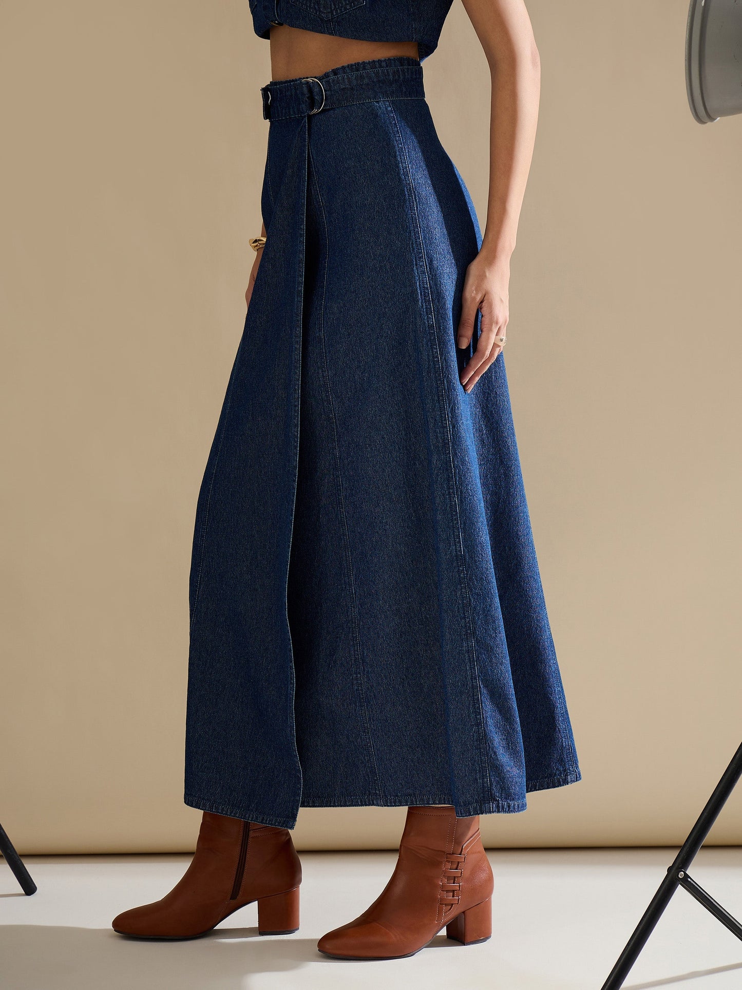 Women Navy Washed Side Pocket Midi Wrap Skirt