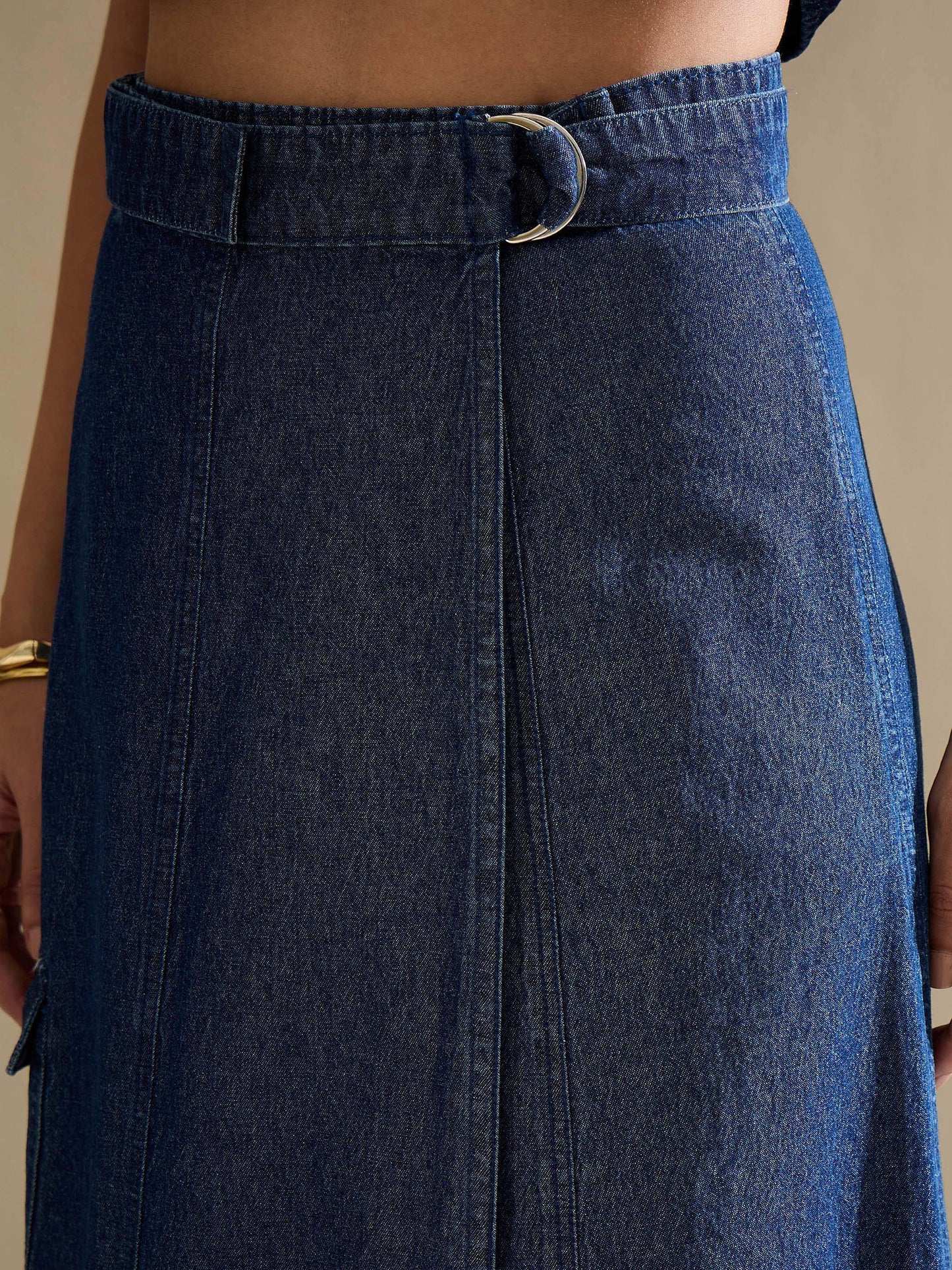 Women Navy Washed Side Pocket Midi Wrap Skirt