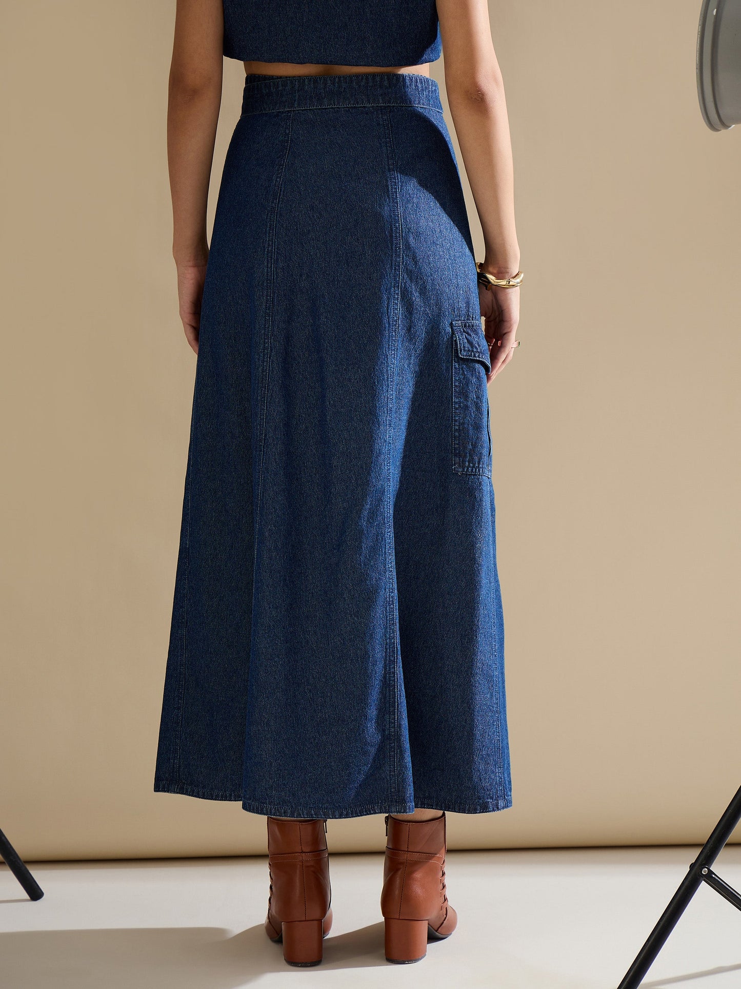 Women Navy Washed Side Pocket Midi Wrap Skirt