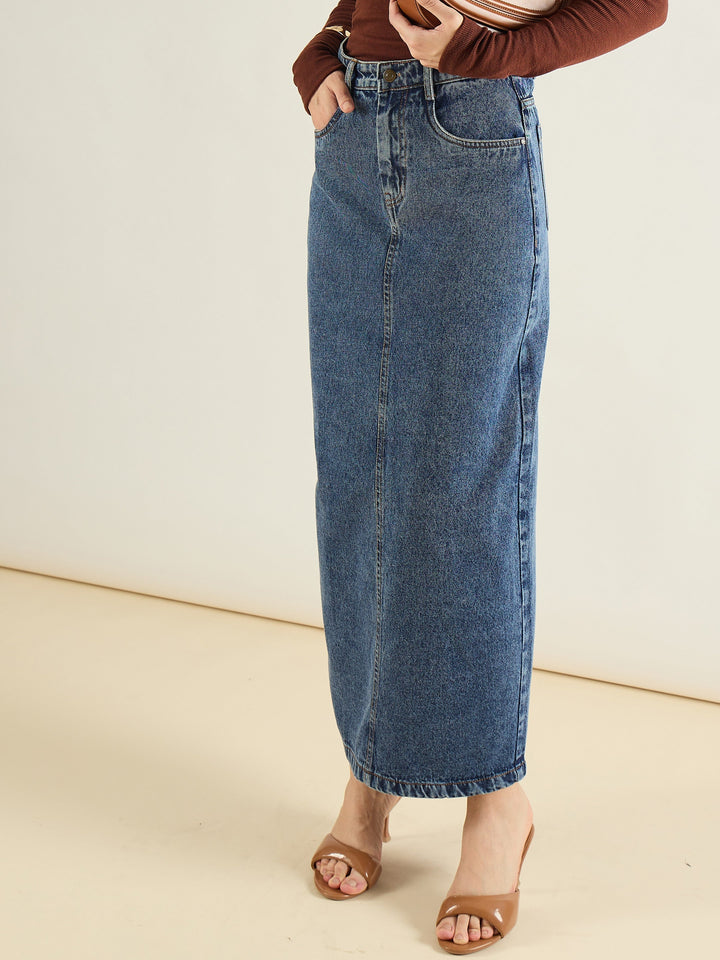 Women Blue Blast Denim Back Slit Long Skirt