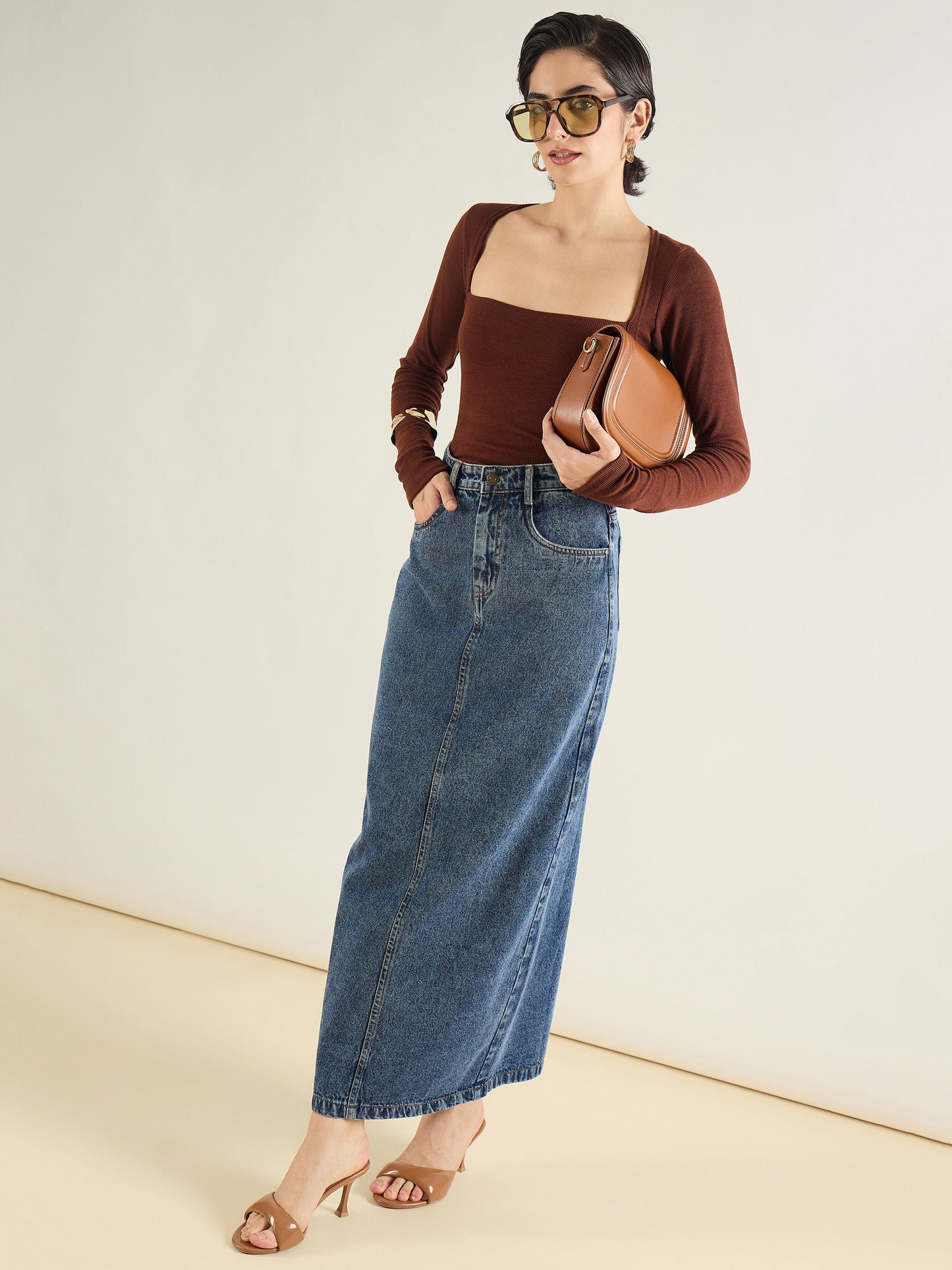 Women Blue Blast Denim Back Slit Long Skirt