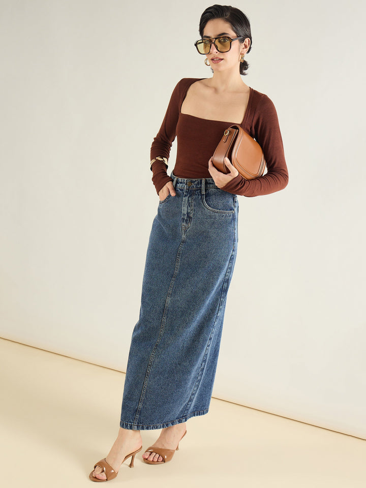 Women Blue Blast Denim Back Slit Long Skirt
