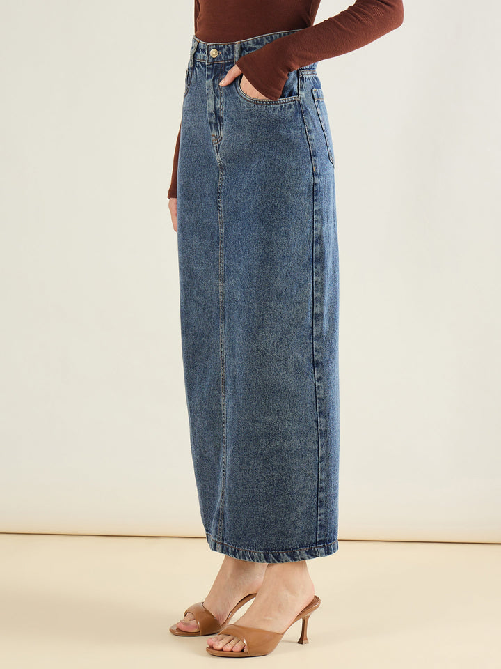 Women Blue Blast Denim Back Slit Long Skirt