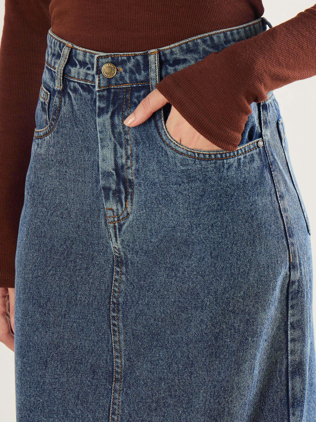 Women Blue Blast Denim Back Slit Long Skirt