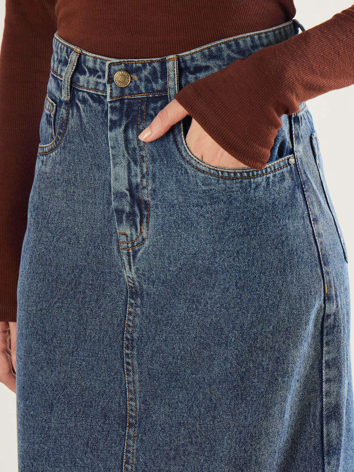 Women Blue Blast Denim Back Slit Long Skirt