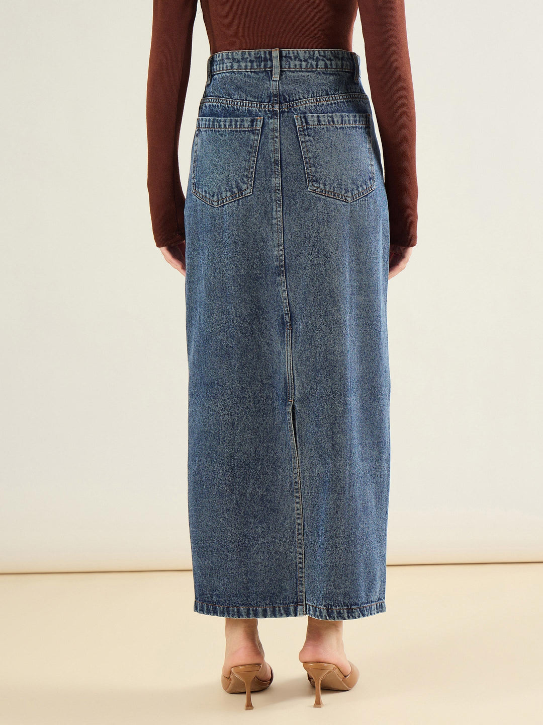 Women Blue Blast Denim Back Slit Long Skirt