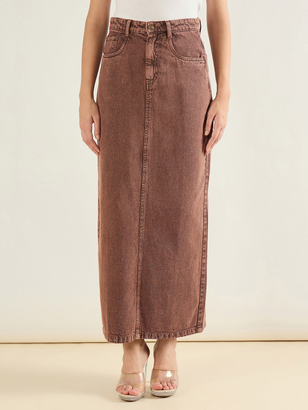 Women Brown Denim Back Slit Long Skirt