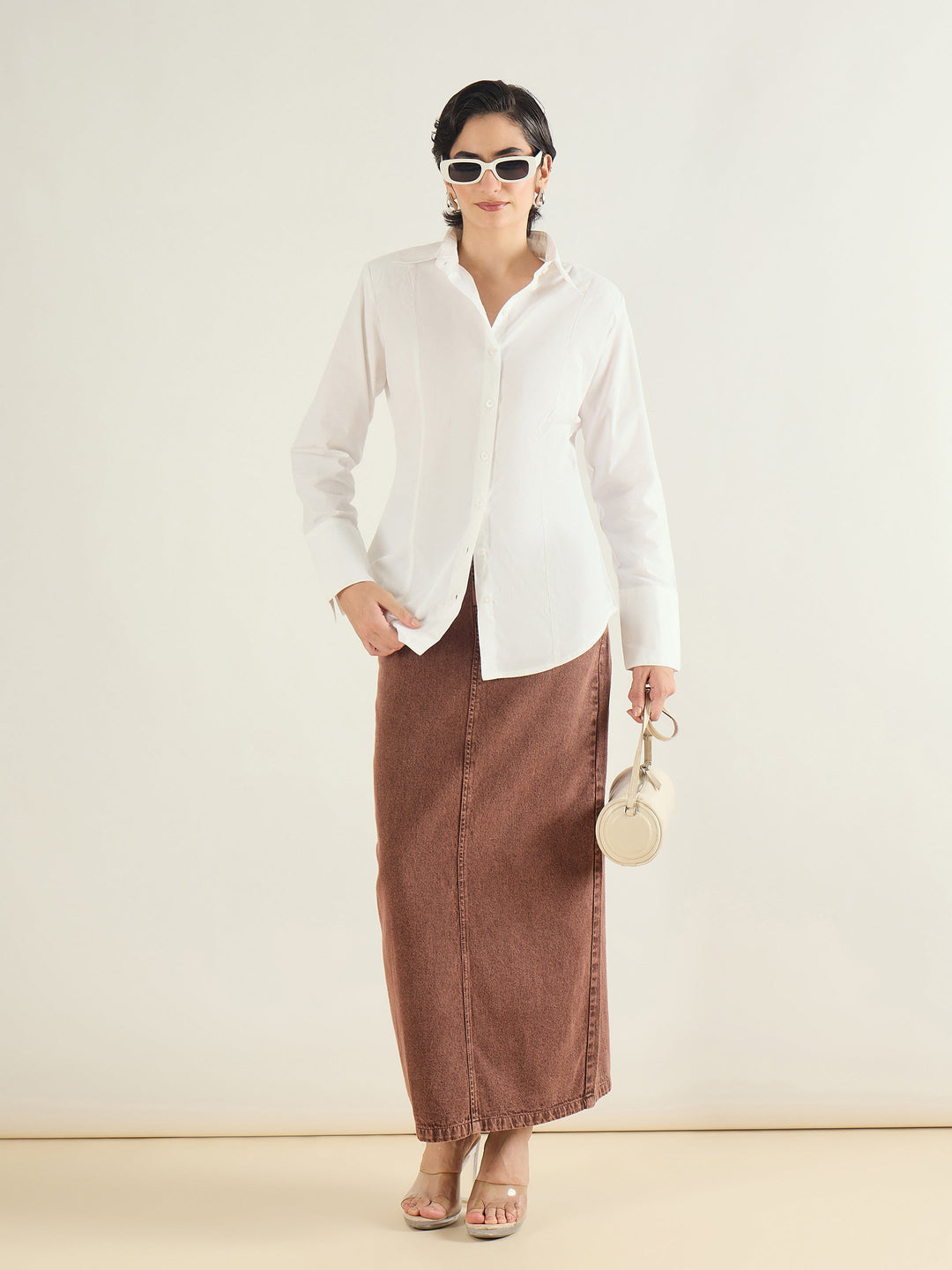 Women Brown Denim Back Slit Long Skirt