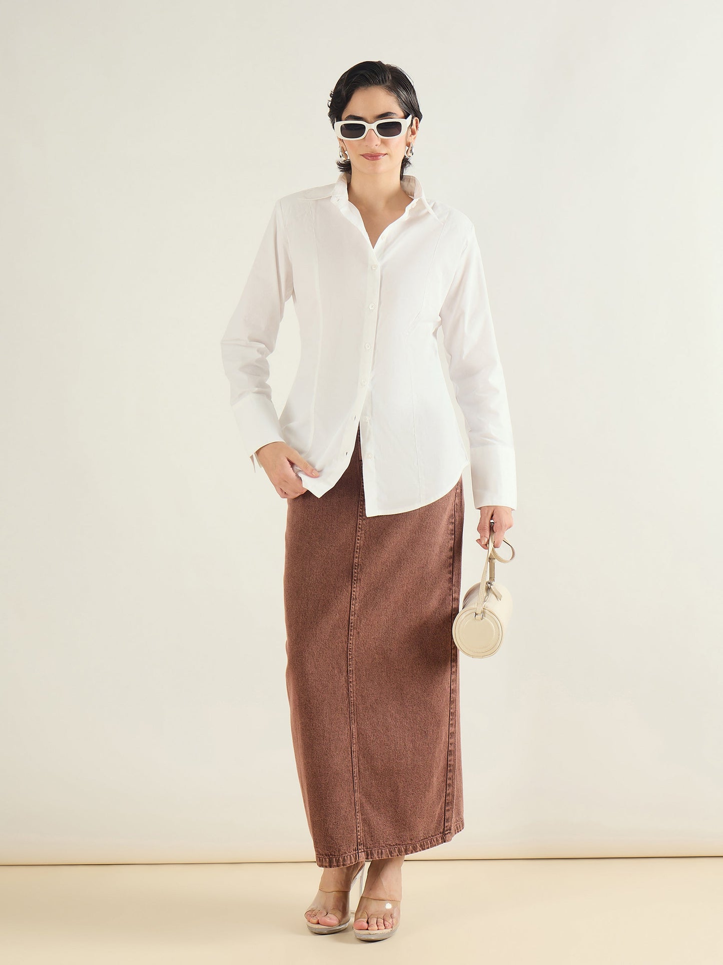Women Brown Denim Back Slit Long Skirt
