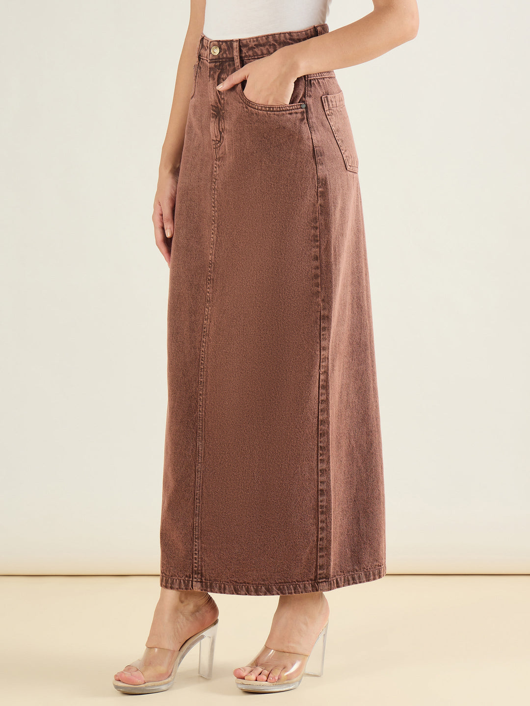 Women Brown Denim Back Slit Long Skirt