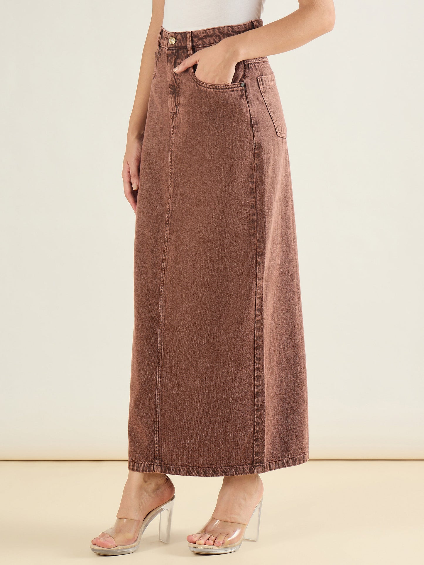 Women Brown Denim Back Slit Long Skirt
