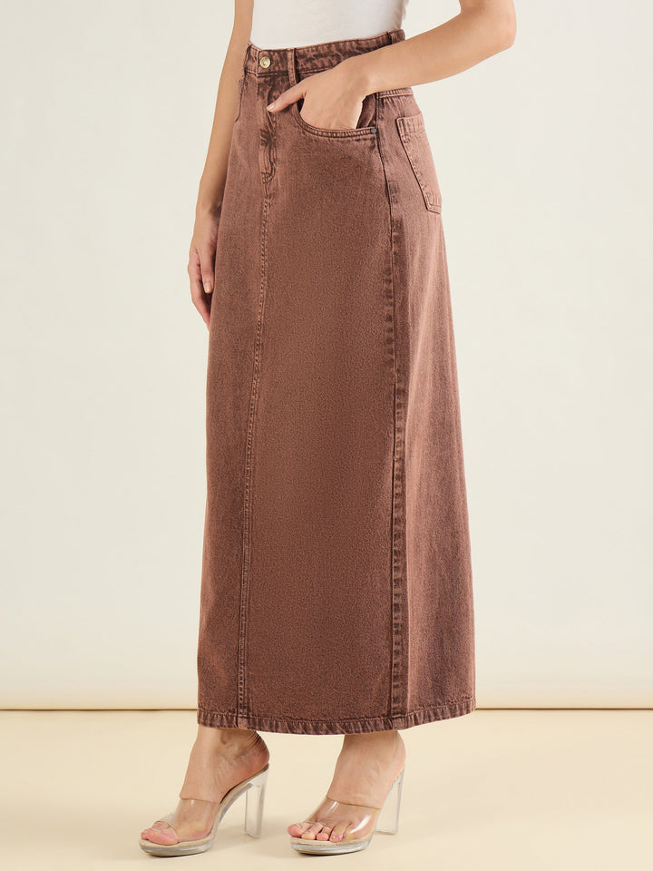 Women Brown Denim Back Slit Long Skirt