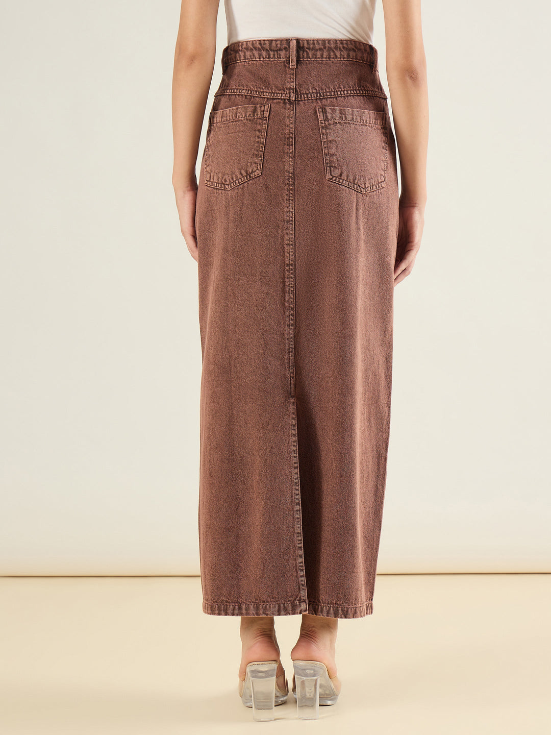 Women Brown Denim Back Slit Long Skirt