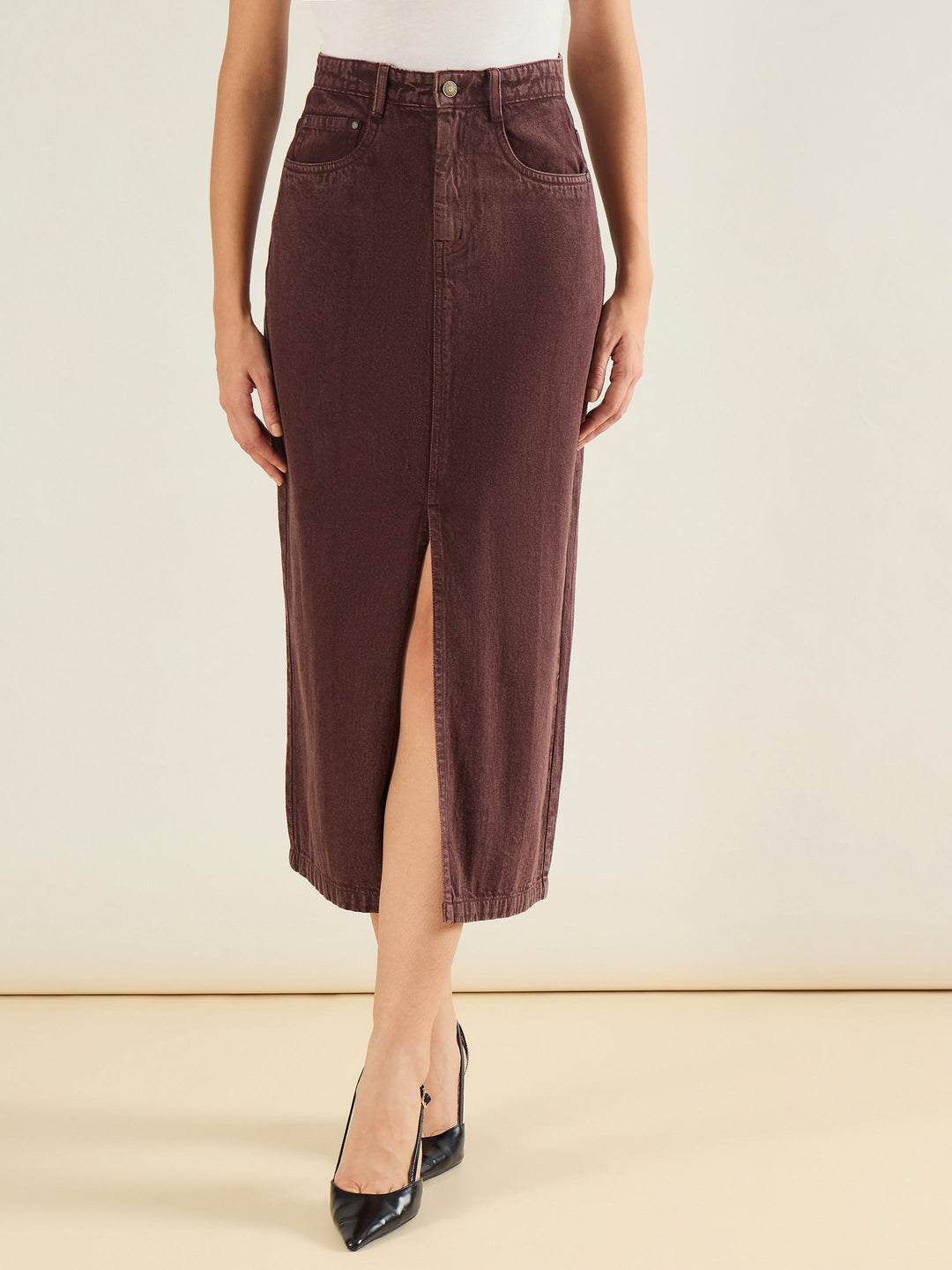 Women Tinted Brown Denim Front Slit Midi Skirt