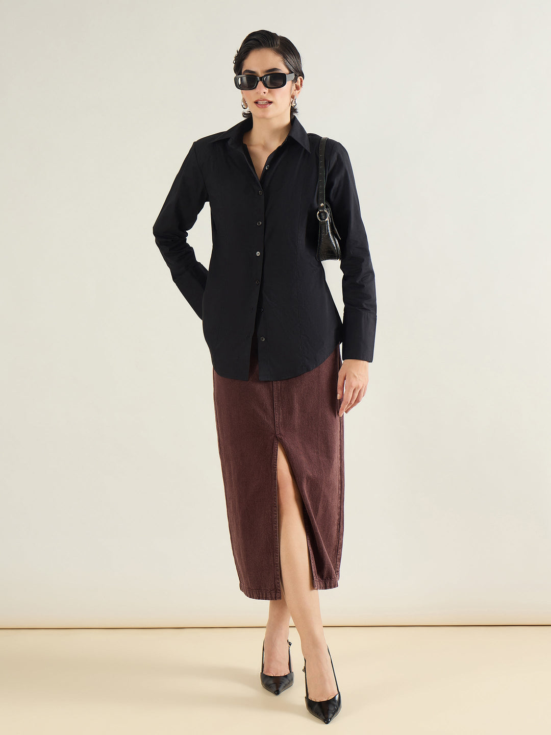 Women Tinted Brown Denim Front Slit Midi Skirt