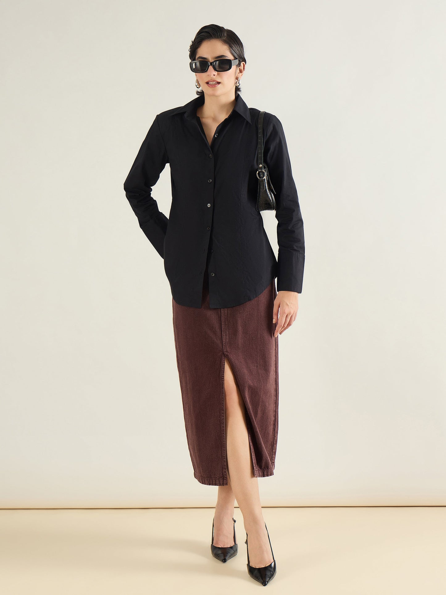 Women Tinted Brown Denim Front Slit Midi Skirt