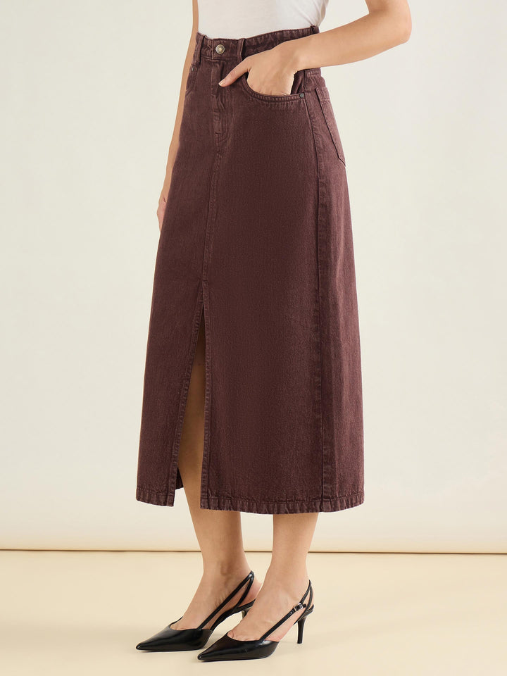 Women Tinted Brown Denim Front Slit Midi Skirt