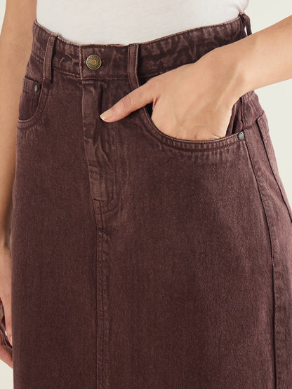 Women Tinted Brown Denim Front Slit Midi Skirt