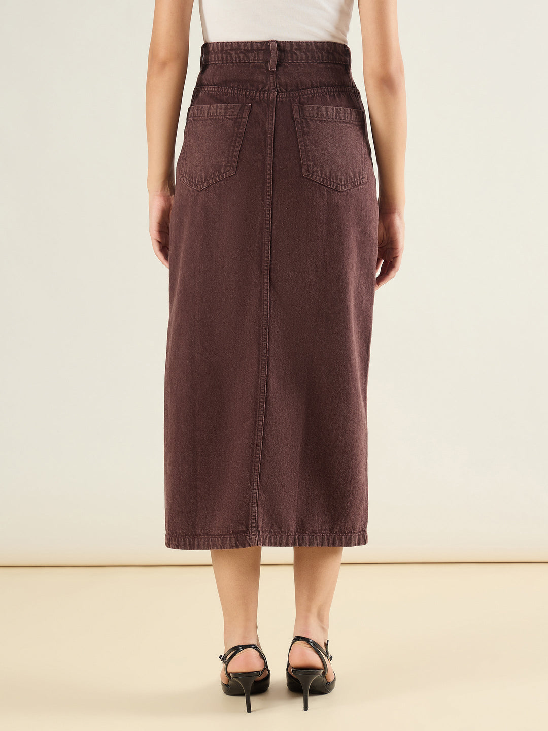 Women Tinted Brown Denim Front Slit Midi Skirt