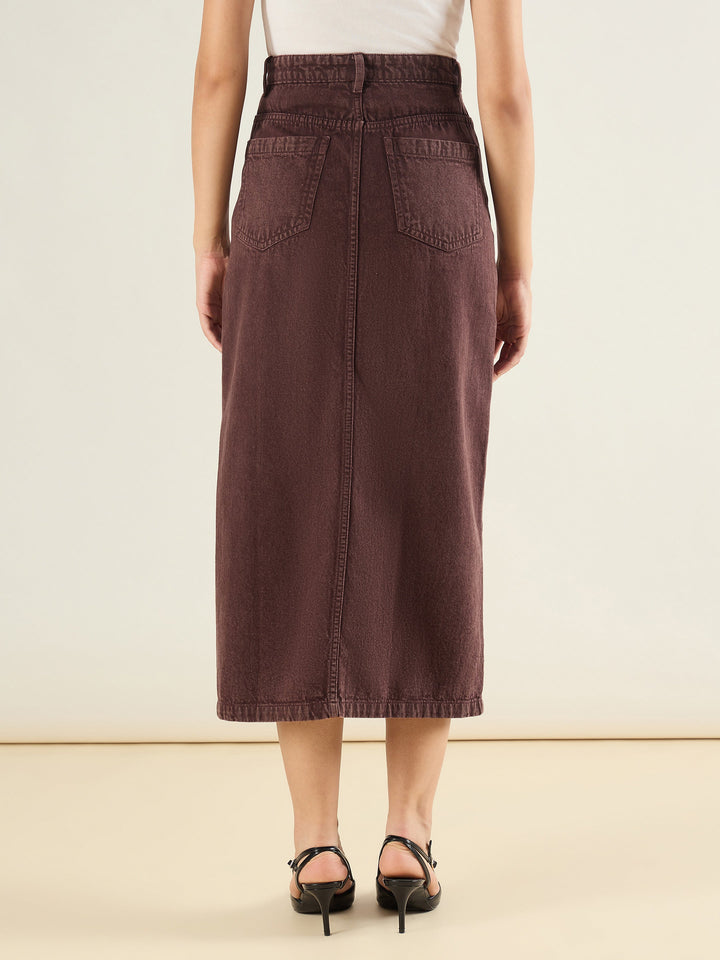 Women Tinted Brown Denim Front Slit Midi Skirt